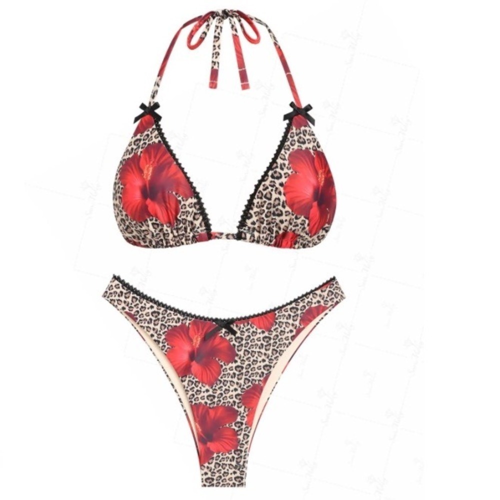 Seamolly Leopard Floral Print Lace Trim Halter Triangle‎ Bikini Set Small NWT